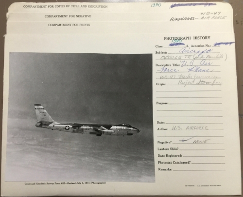 An Air Force WB-47 used for weather reconnaissance as part of Project Stormfury. The photo library at NOAA Central Library has thousands of images stored in multi-pocket folders like this, with more or less information inscribed. The form is "Coast …