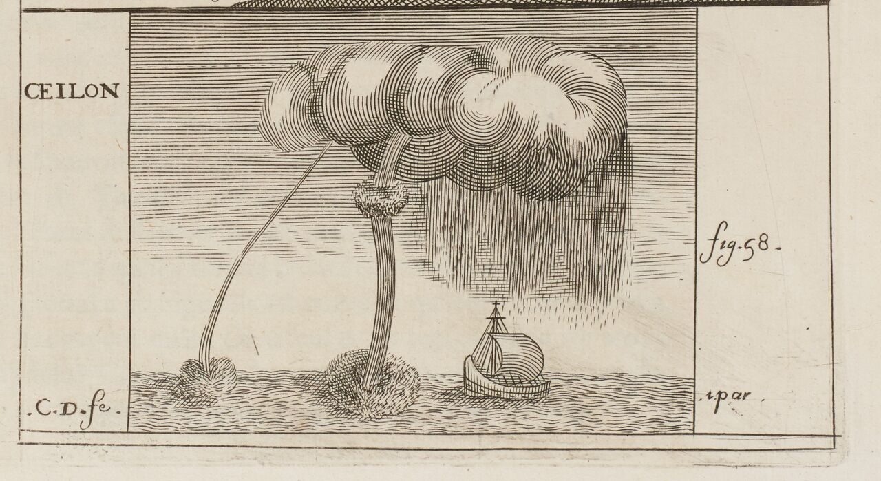 A "siphon," the first published image of waterspout in Europe. Drawn by Balthasar de Monconys, based his observation of 31 December, 1648.&nbsp;