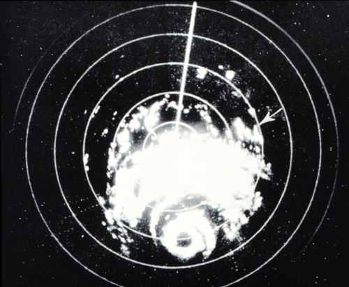 Image of the radarscope at Galveston, as Hurricane Carla approached the Texas coast, September 10, 1961. Digitized by the NOAA Photolibrary.&nbsp;Originally published in Monthly Weather Review, December 1962, p. 515.