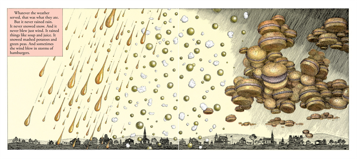 The weather in Chewandswallow before climate change. Illustration by Ron Barrett, image from publisher's promotional website.&nbsp;