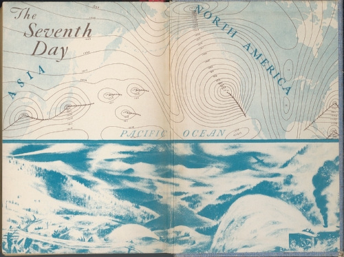Maria on her seventh day, viewed synoptically (top) and from the ground amidst the Sierras. Endpaper of the first edition of Storm, a novel by George R. Stewart (Random House, 1941). Illustration is signed "Steinberg."