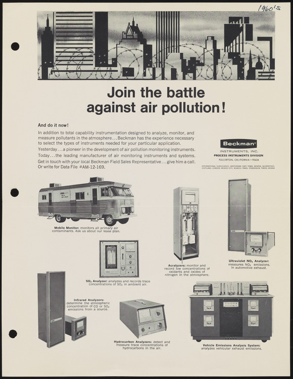Soldiers of the instrumentation revolution prepare for battle against air pollution.&nbsp;This 1960s advertisement produced by Beckman Instruments, Inc.&nbsp;showed the many ways that scientists and regulators could see air pollution through a new g…