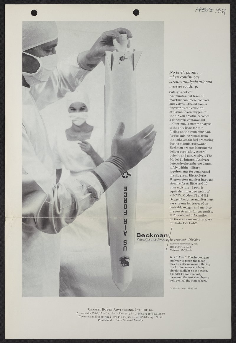"No birth pains...when continuous stream analysis attends missile loading." An advertisement for Beckman Instruments, 1959.&nbsp;Courtesy of Science History Institute.&nbsp;