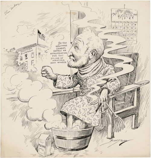 House Speaker Joseph Cannon threatens the funding for the US Weather Bureau after getting sick during an unusually cold May, 1907. Cartoon by Clifford Berryman, published in the  Washington Evening Star , May 25, 1907,&nbsp; held by the US National Archives .