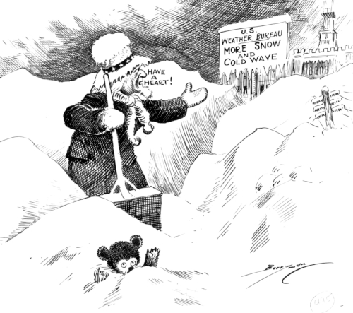 Uncle Sam asks the Weather Bureau for a respite from snow on January 31, 1918. Cartoonist Clifford Berryman's trademark teddy bear looks beleaguered too. Image published in Washington Evening Star, and now held by the  National Archives .