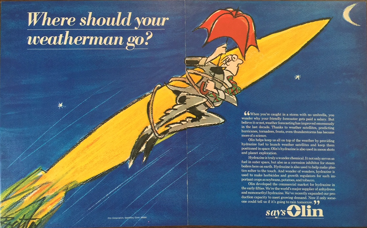 Advertisement for the rocket fuel hydrazine, produced by Olin. Published in  Fortune , September 1976, page 144-145. Image from author's personal collection.