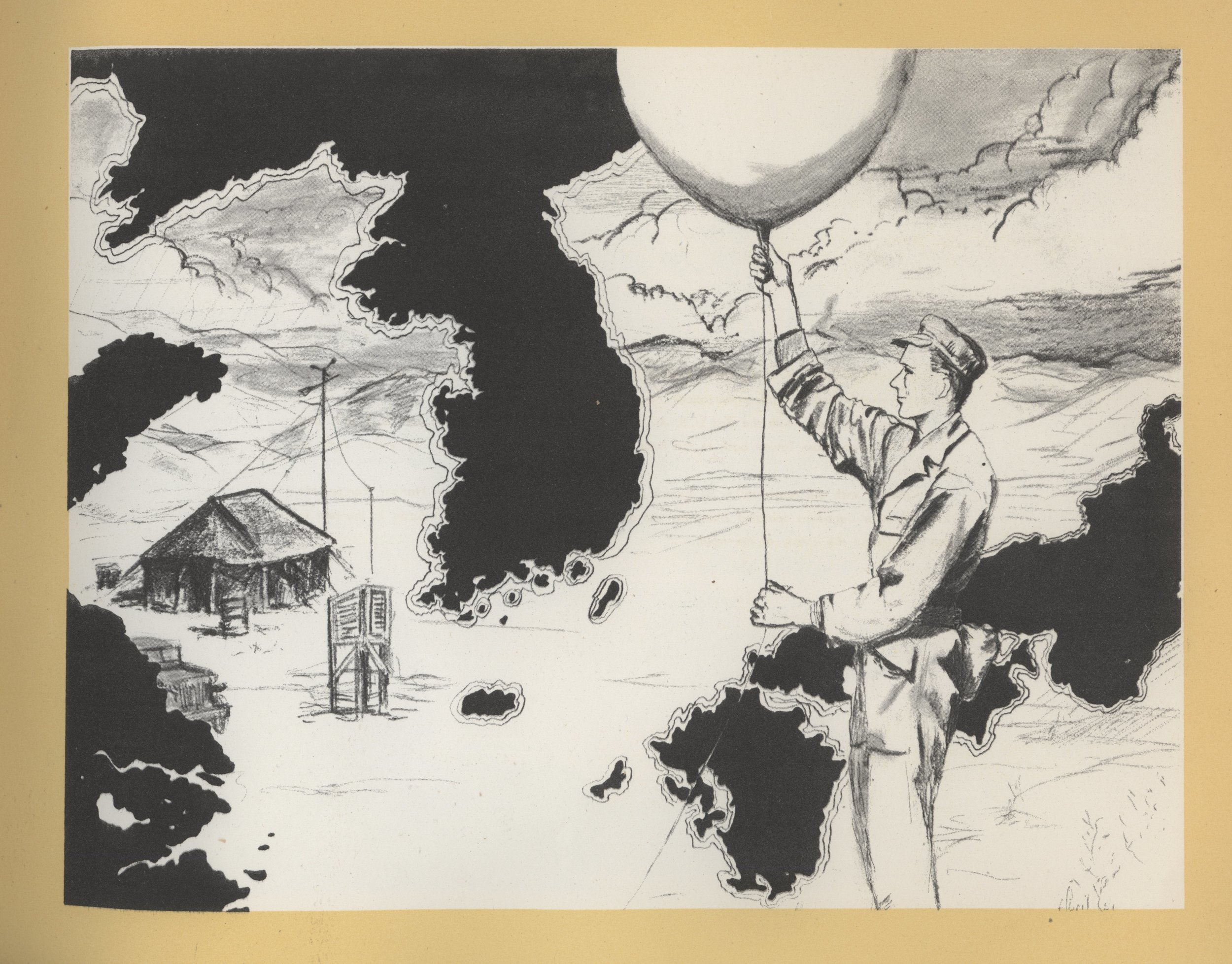 Image from a sketchbook commemorating &nbsp;service during the Korean War. Abril, illustrator (no first name listed).&nbsp; The 20th Weather Sqdn in Korea  (1951).   NOAA Central Library, Rare Books Collection. Images digitized as part of the  NOAA Photo Library , and used under a  Creative Commons License .&nbsp;Original Caption: "The 20th Weather Squadron came into Korea with the first Air Force contingent and served from Taejon back to the Pusan Perimeter and forward again to within sight of the Yalu River. It furnished weather service to all United Nations forces and operated from one end of Korea to the other, from air bases in the rear to enemy-facing forward positions."