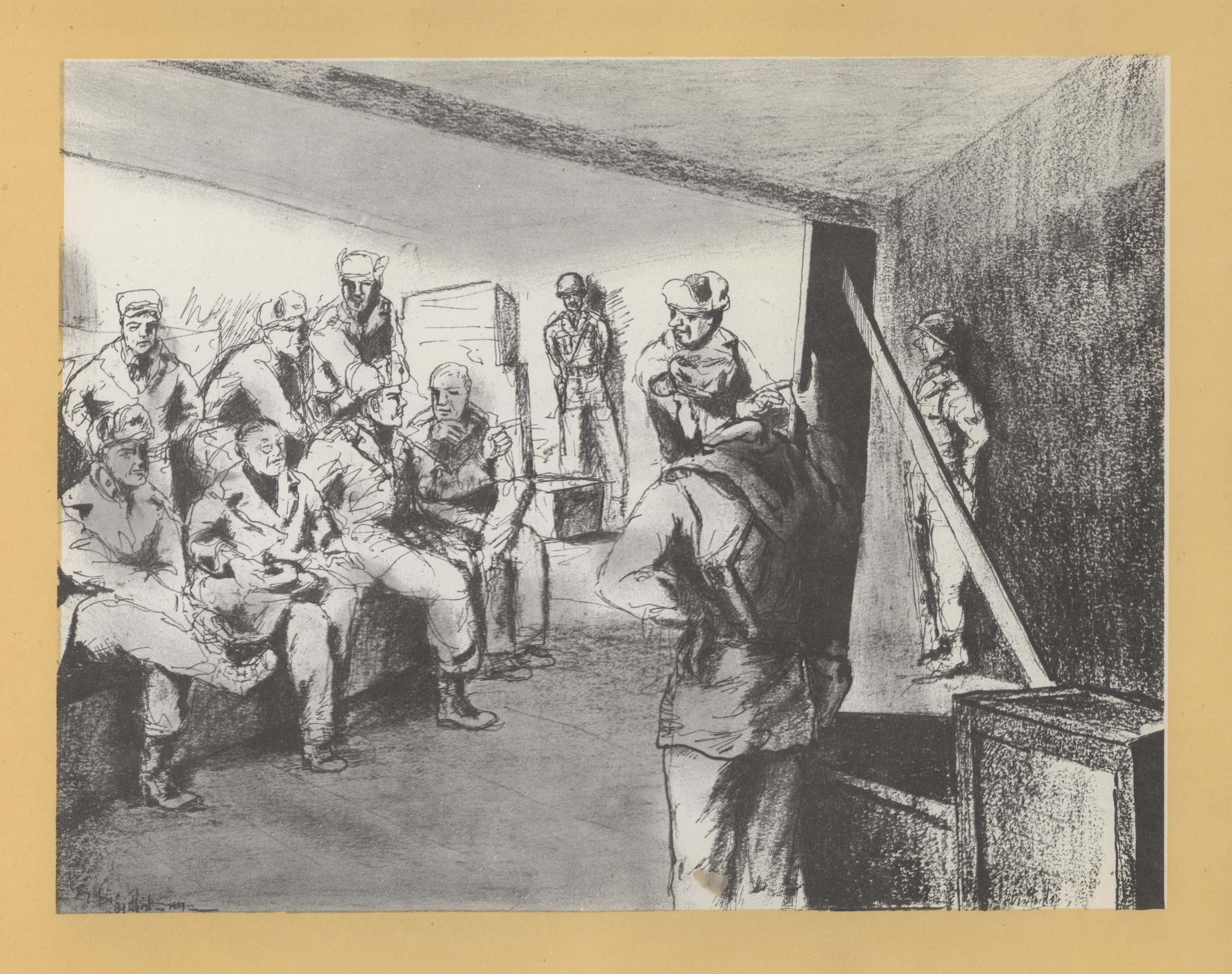 Original Caption: "Somewhere in Korea Staff Weather Officers of the 20th brief the Commanding General and Staff of the 8th Army, Commanding General and Staff of the 5th Air Force, Republic of Korea President Syngman Rhee and advisors, and U.S. Ambassador Muccio on weather for tomorrow's operations."